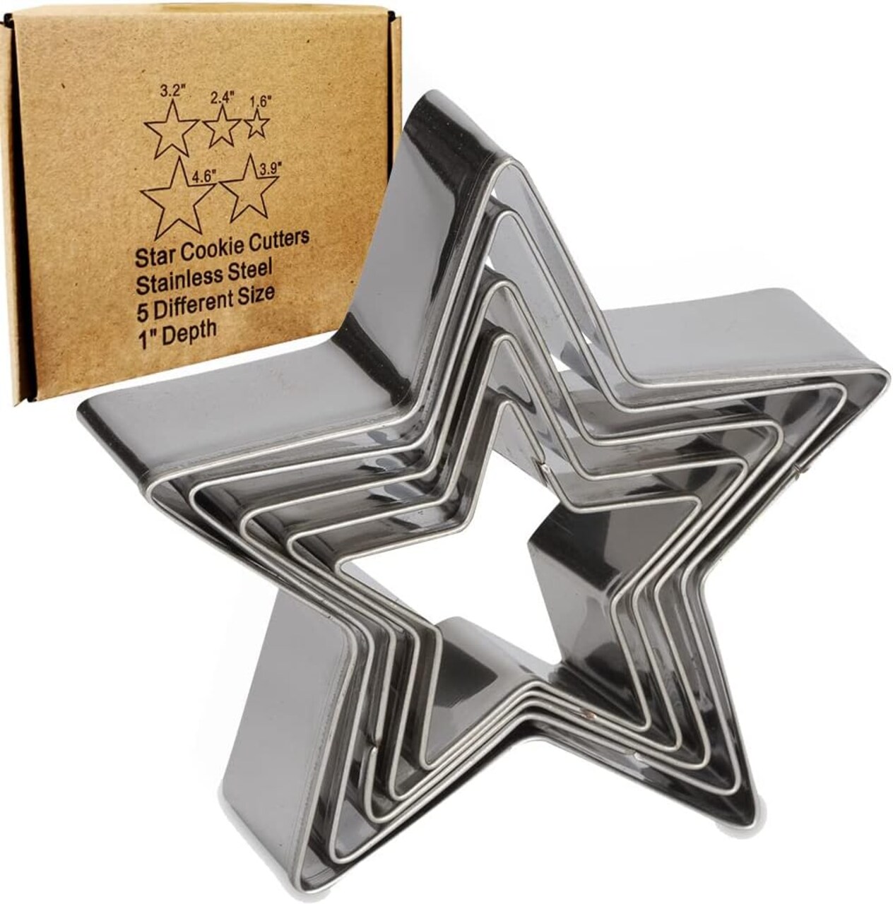 5-Piece Stainless Steel Star Cookie Cutter Set – Five-Pointed Biscuit, Fondant, and Pastry Molds for 3D Christmas Trees, Linzer Cookies, and Cake Decorating